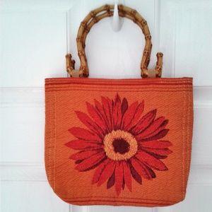 Orange and Yellow Mum Bamboo Handled Woven Bag